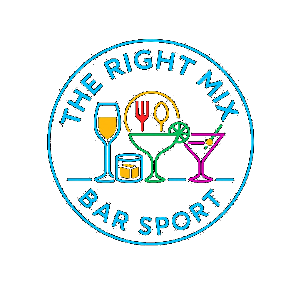 Neon logo design for The Right Mix Bar Sport featuring colorful drink and utensil icons